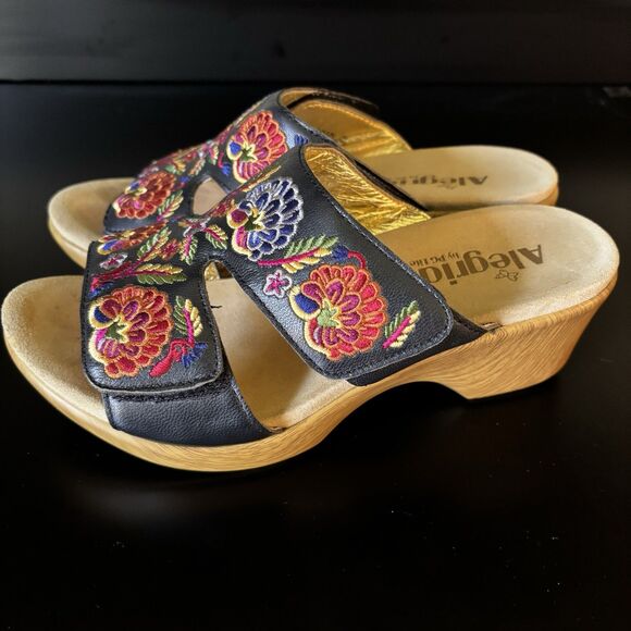 Alegria Linn Black Leather Embroidered Floral Sandals Women's Size 8 US, 38 EU - Picture 6 of 9